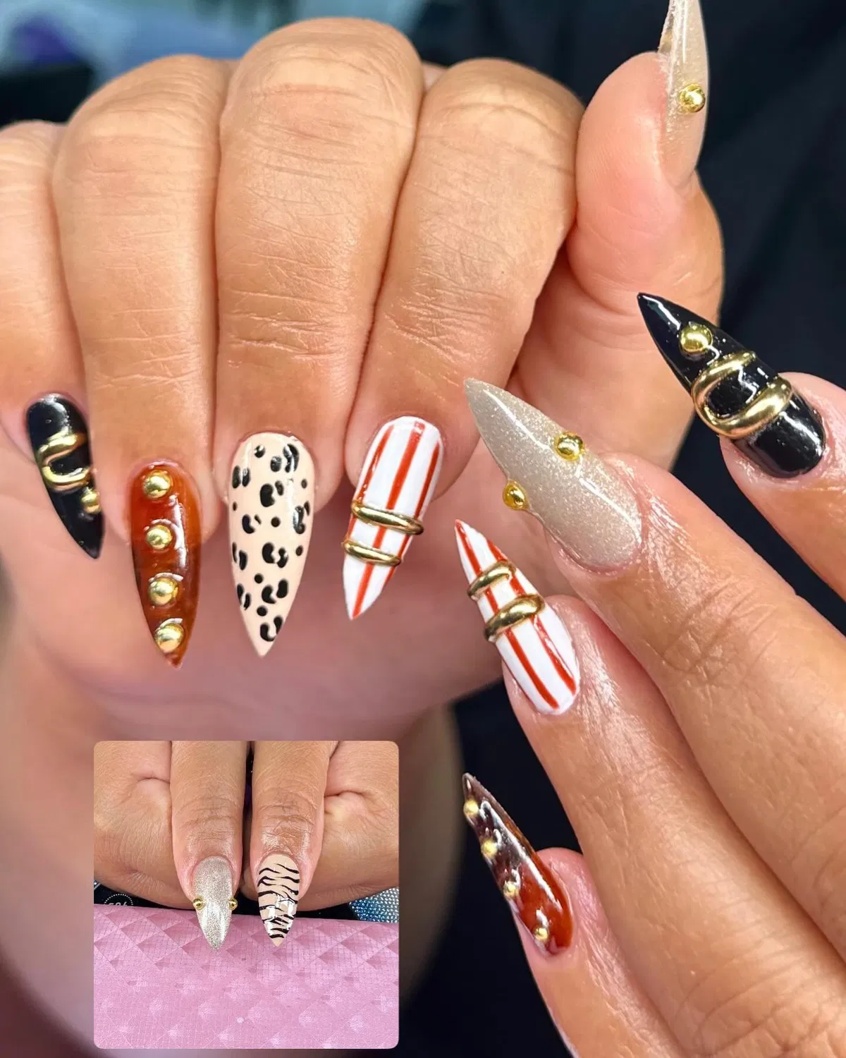 Mixed statement set with stripes, spots, studs, and chain accents