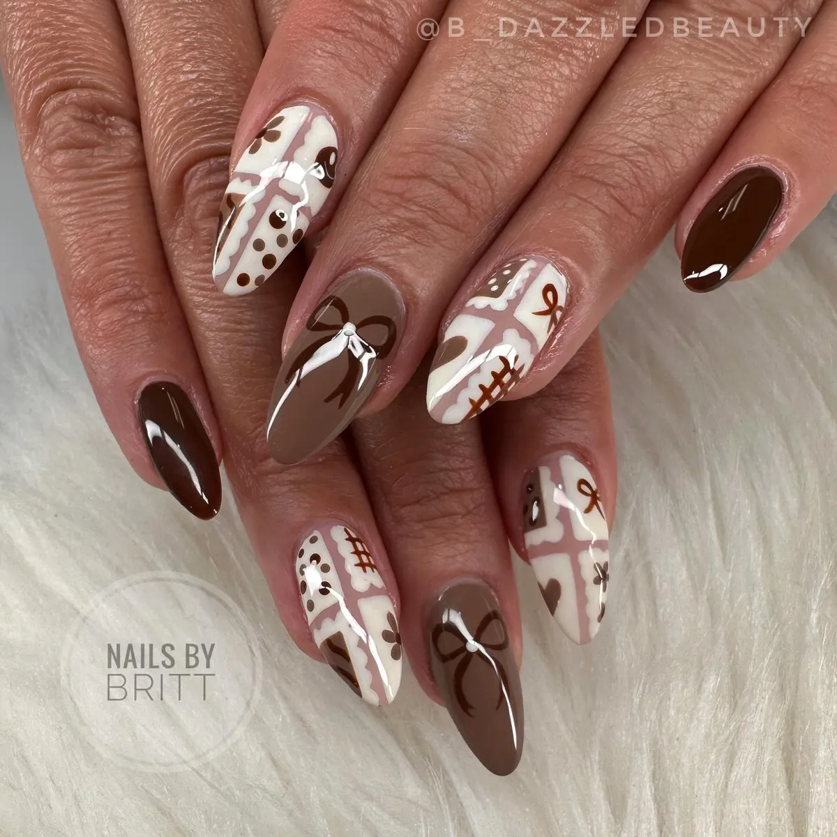 Brown and white graphic mix with bows and dots