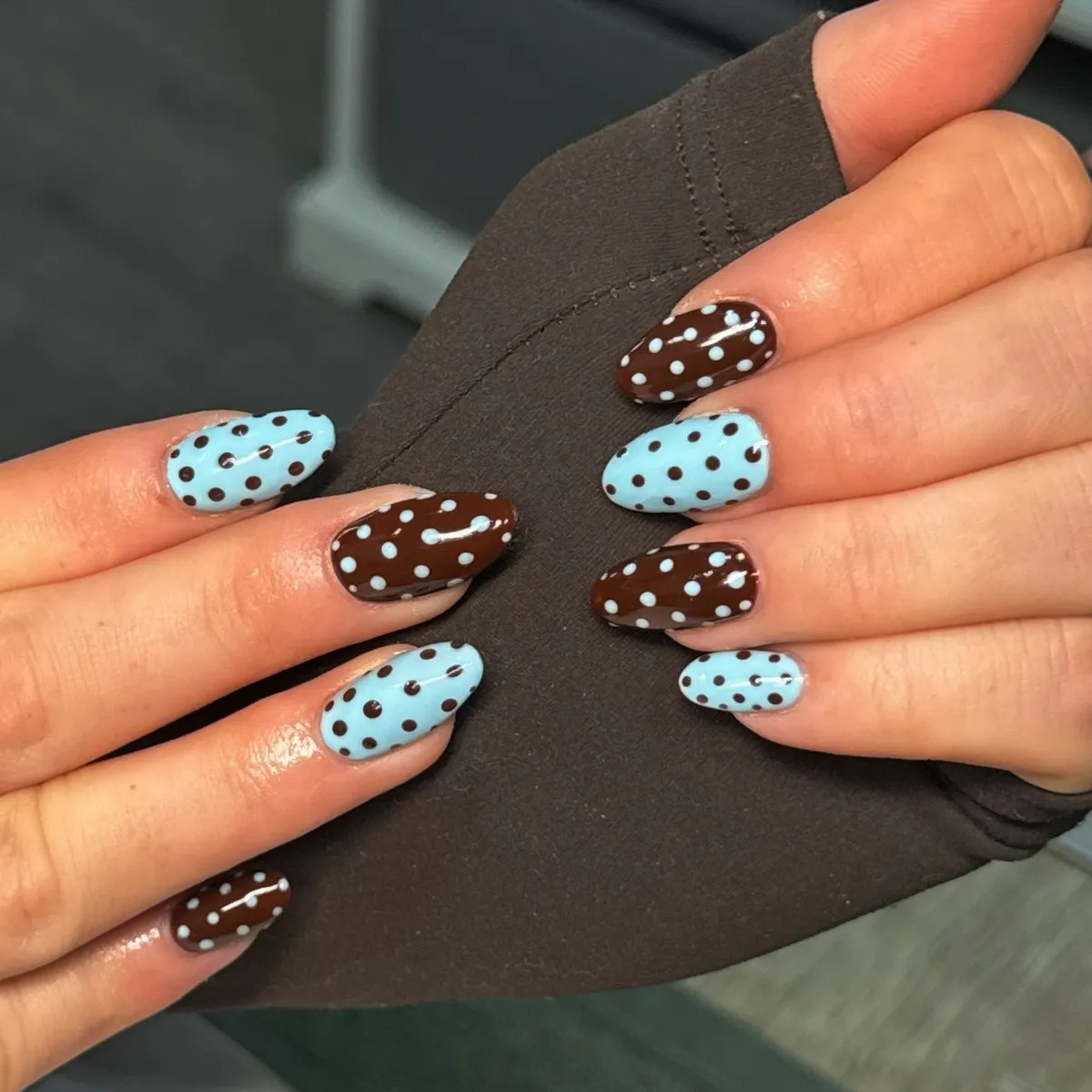 Two-tone polka dots in blue and brown