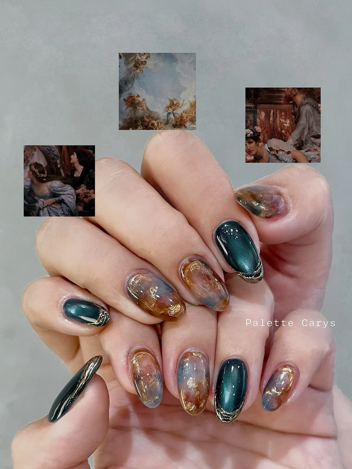 Deep teal with gold edging and smoky translucent marbling