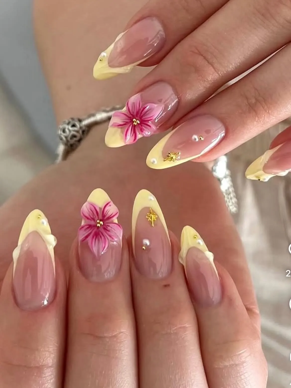 Wavy Baby Yellow Tips with Pink Floral Accents