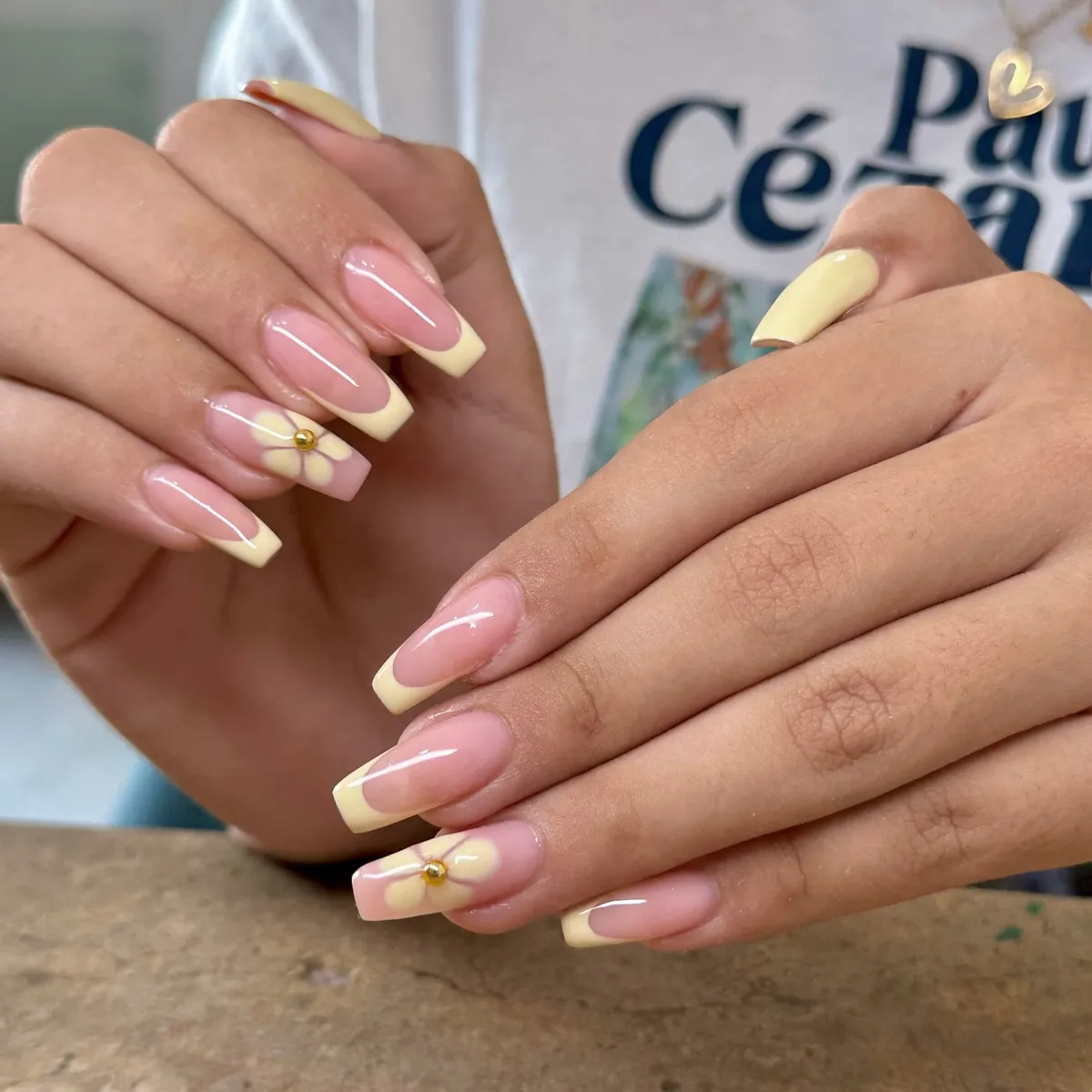 Classic Baby Yellow French Tips with Minimal Flower Detail