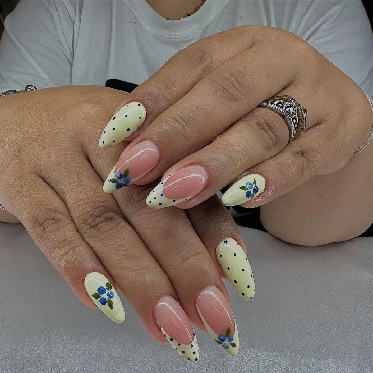Baby Yellow with Blue Dots and Blue Floral Accents