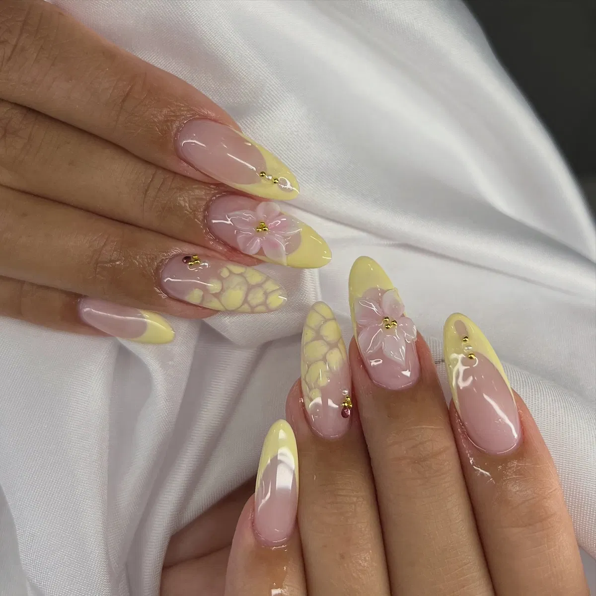Baby Yellow French Tips with Raised Floral & Mosaic Accent