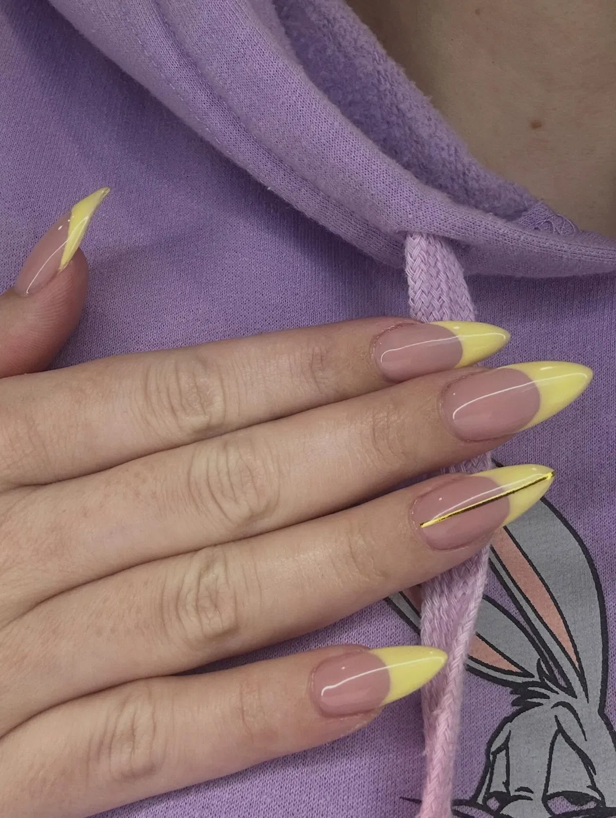 Baby Yellow Stiletto French Tips with Gold Stripe