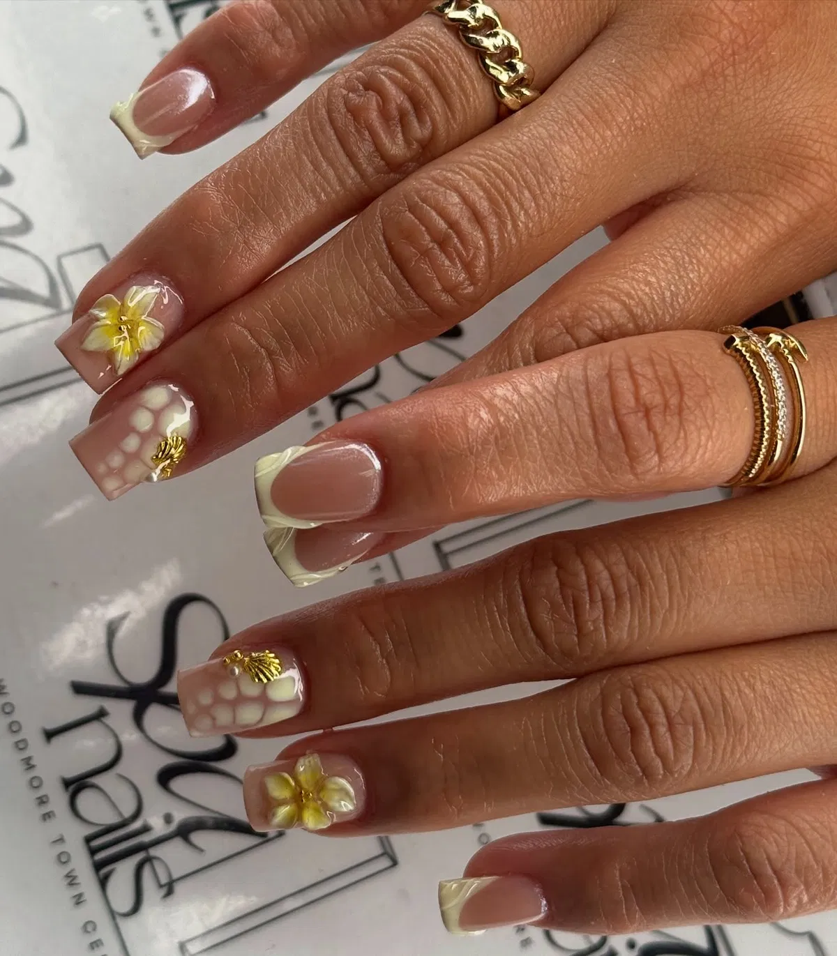 Pale Yellow French Tips with Floral & Bubble Accents