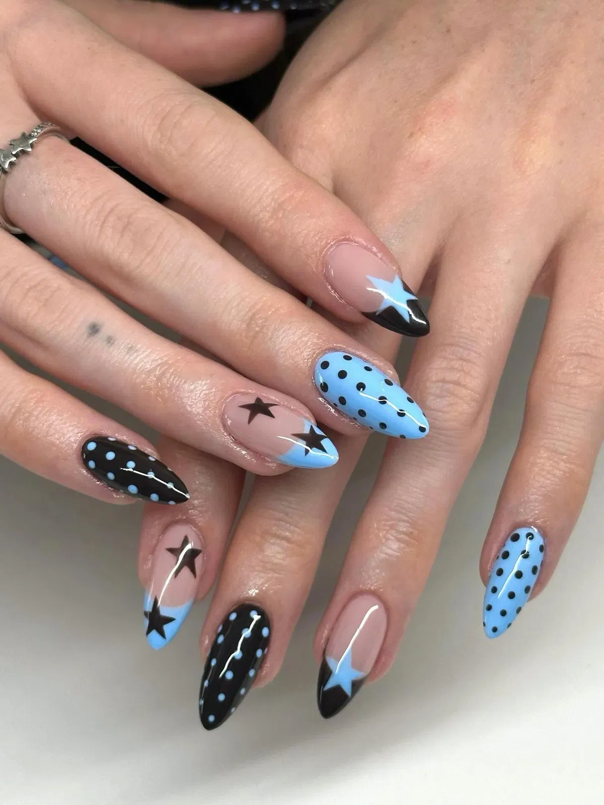 Stars and polka dots in black and light blue