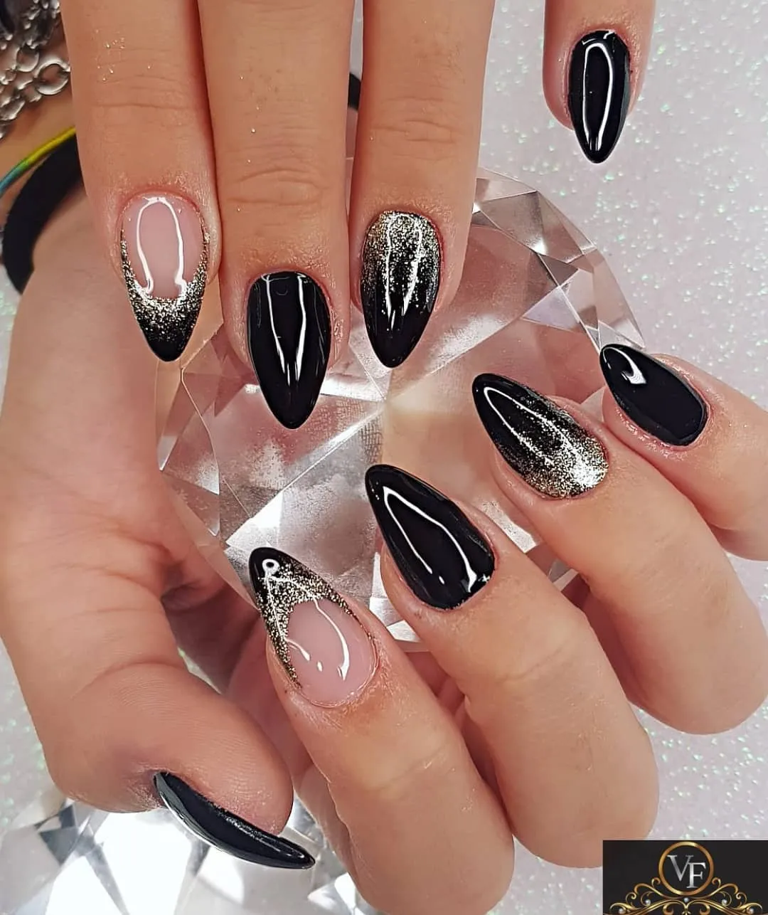 Black Solids with Silver Glitter Gradients and Framed Tips