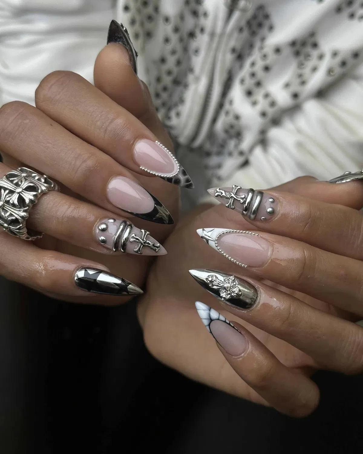 Metallic Tips with Raised Cross and Floral Charms