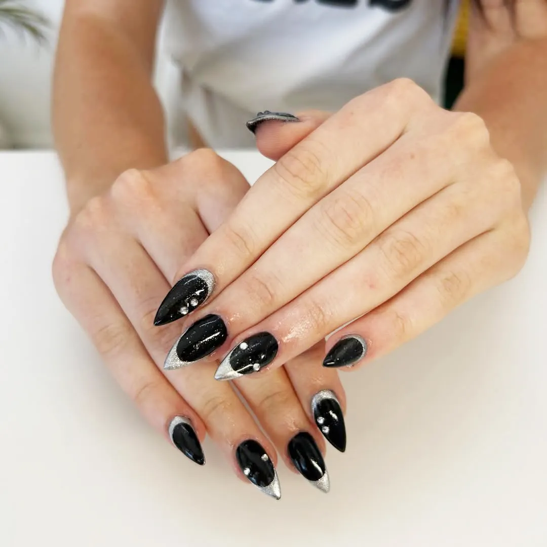 Black with Silver Glitter French Tips and Studs