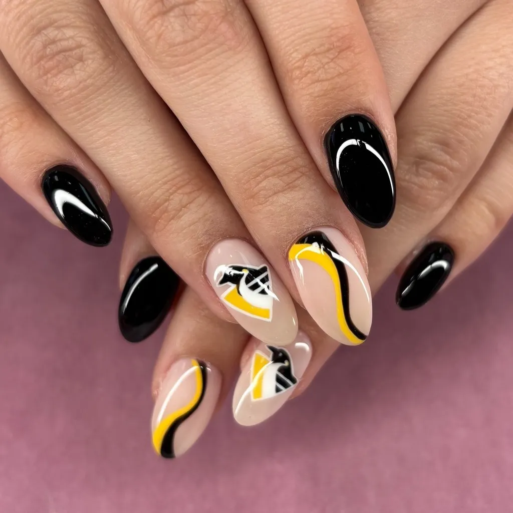 Glossy black solids with nude base and curved yellow-black lines
