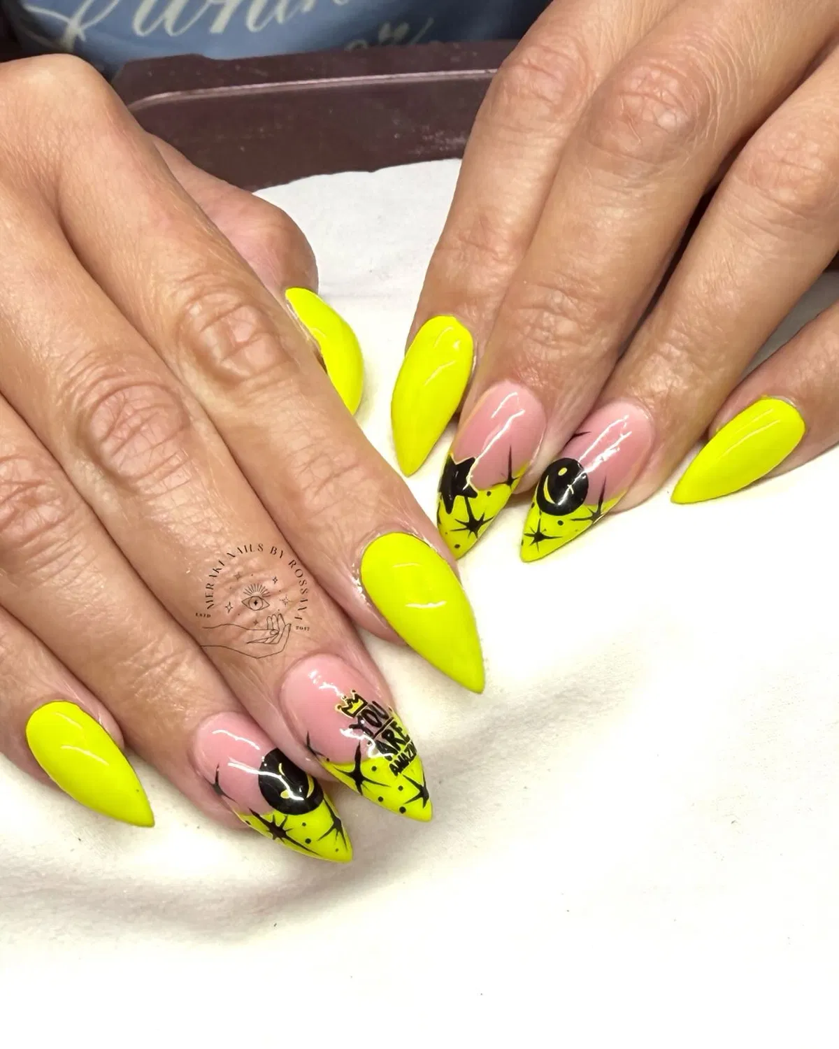 Neon yellow solids with starburst accents and “LOVE” text