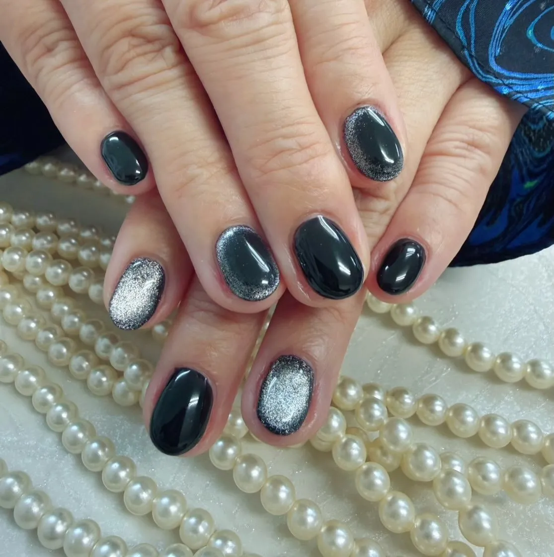 Short Glossy Black with Silver Shimmer Accents
