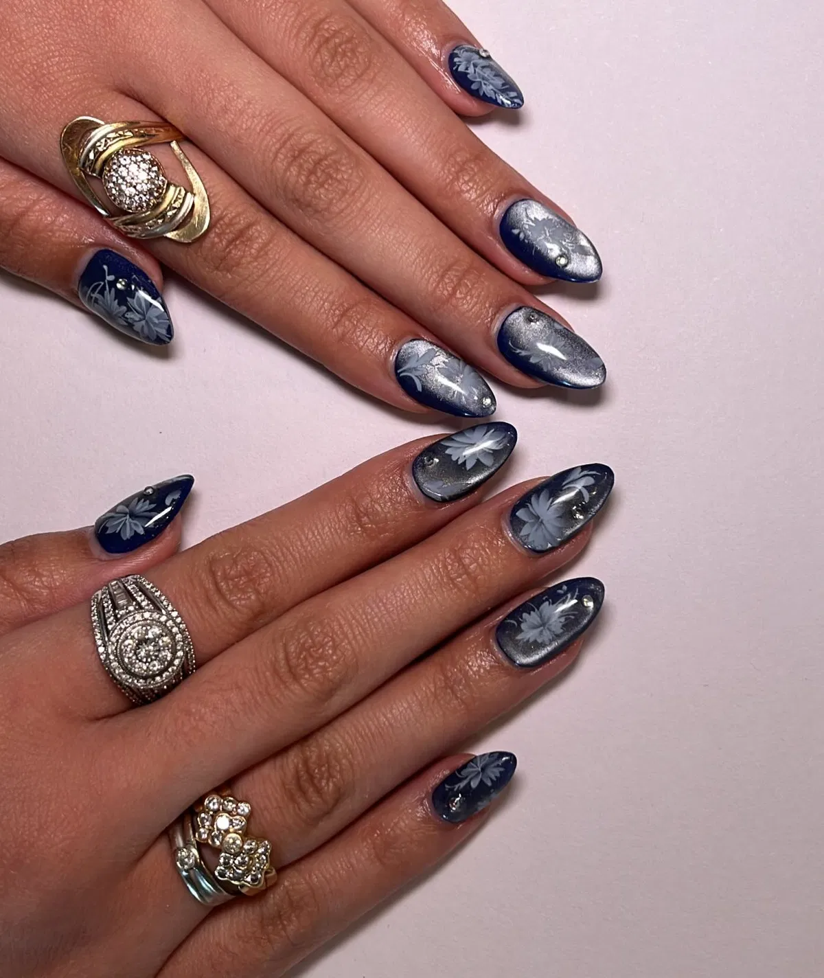 Navy-to-Silver Gradient with White Florals and Studs