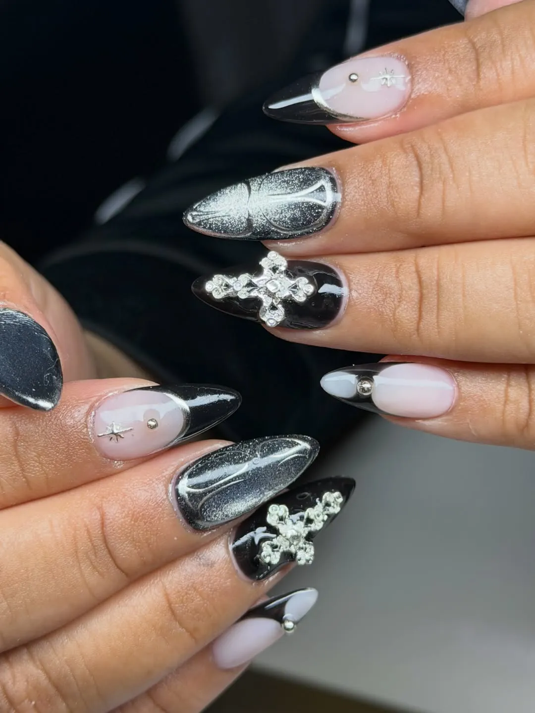 Black French Tips with Cross Embellishments and Silver Shimmer