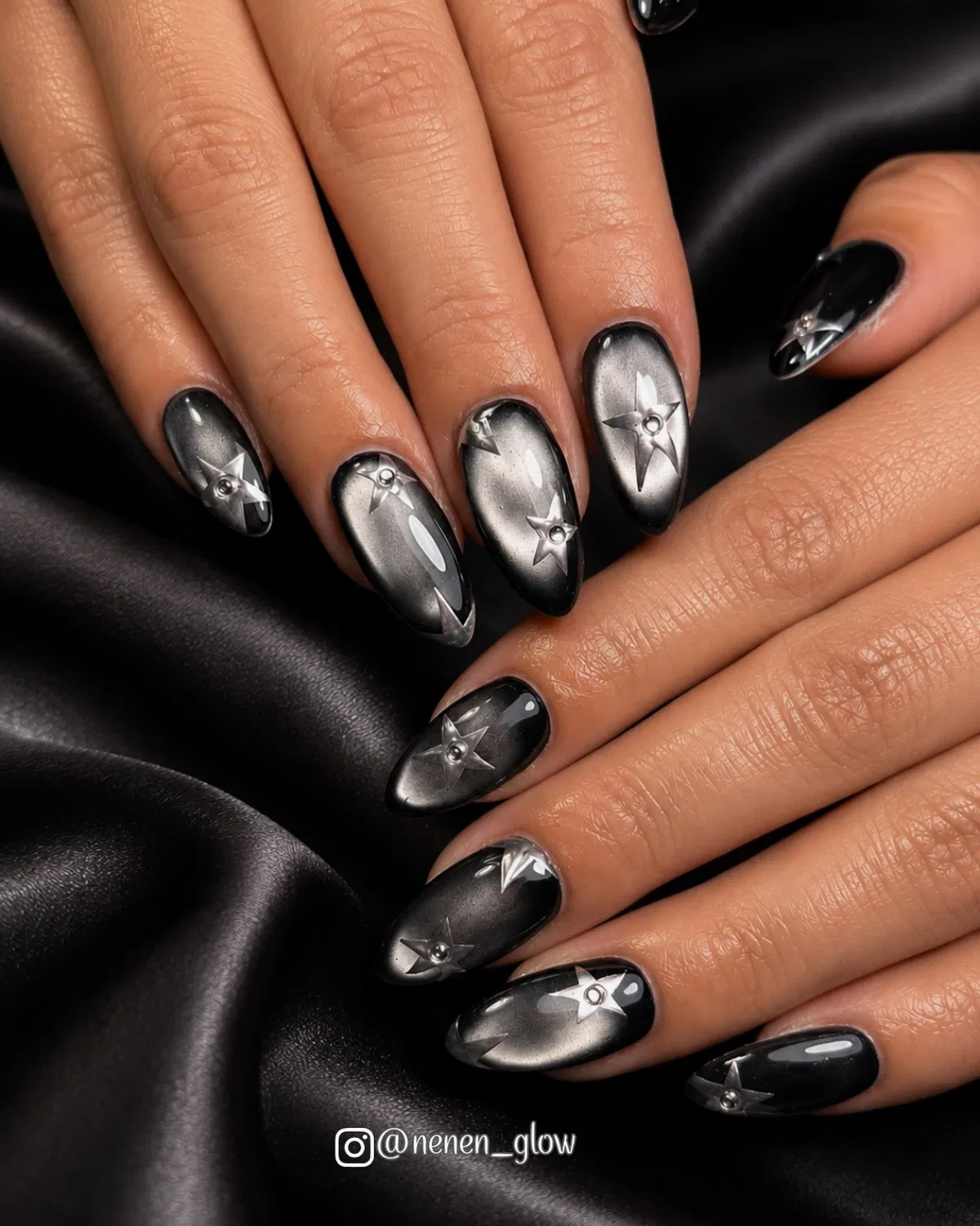 Smoky Black–Silver Cat-Eye with 3D Star Embellishments