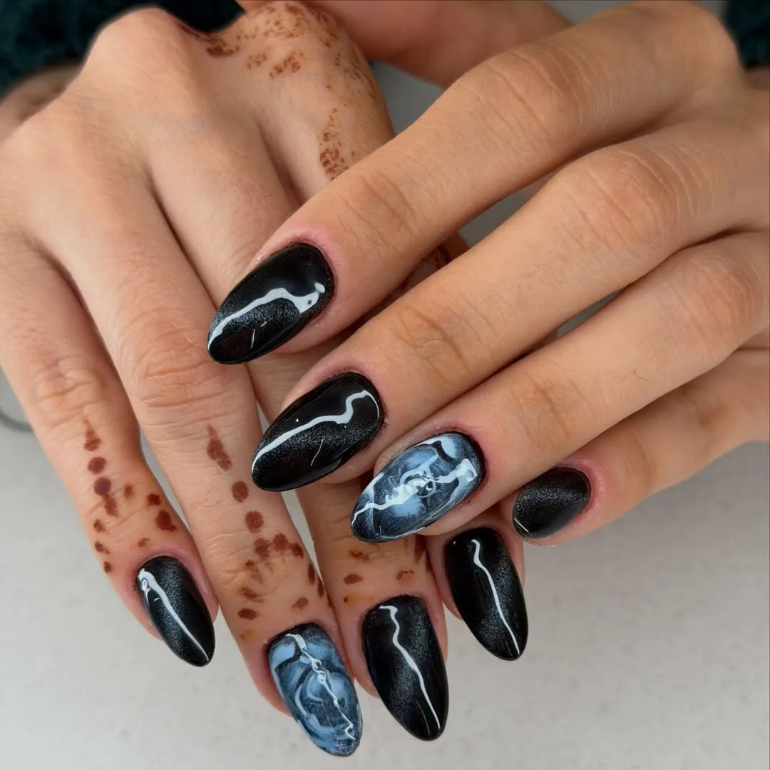 Black Gloss with Wavy White Lines and Blue-Gray Swirl Accents