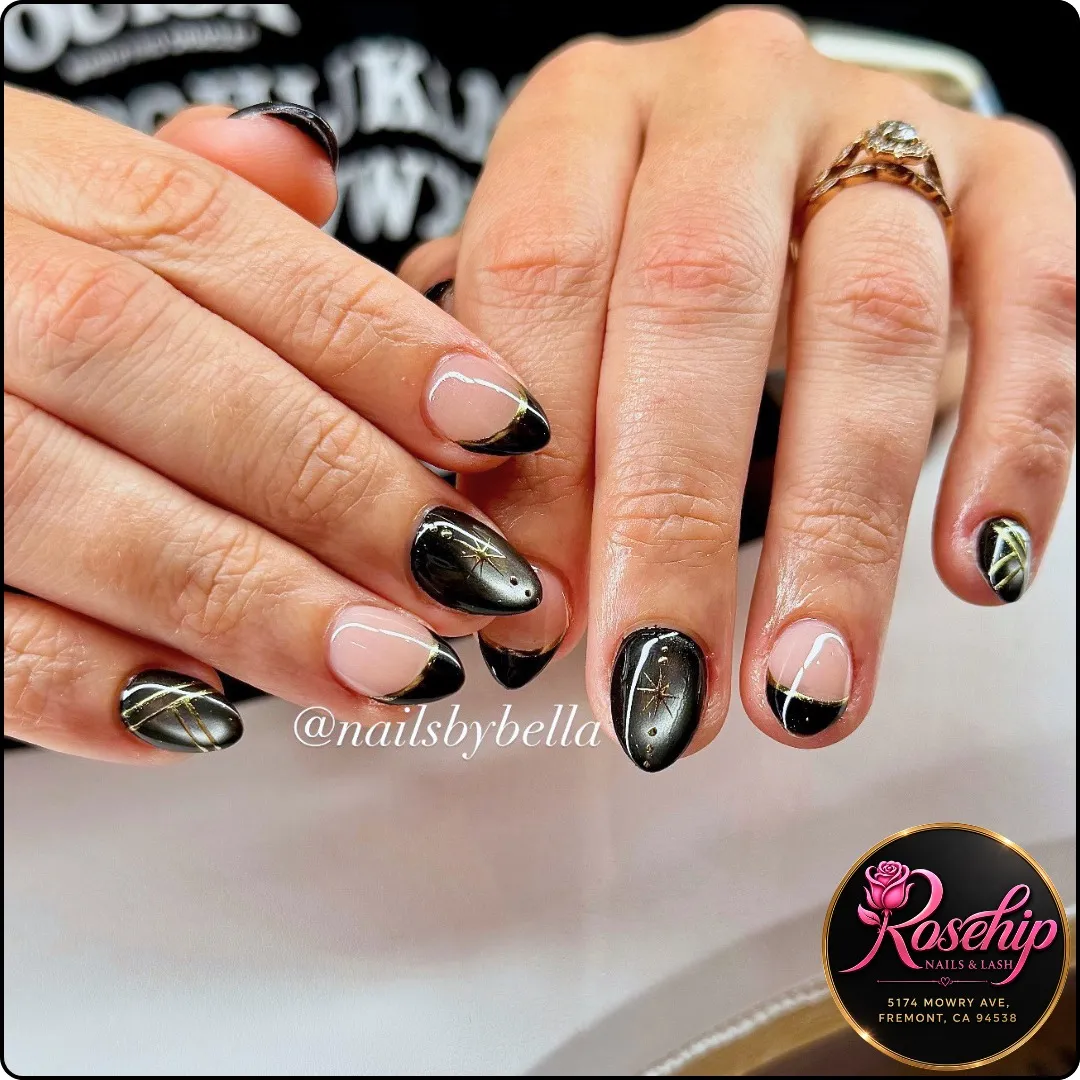 Nude-and-Black French Tips with Gold Line Accents