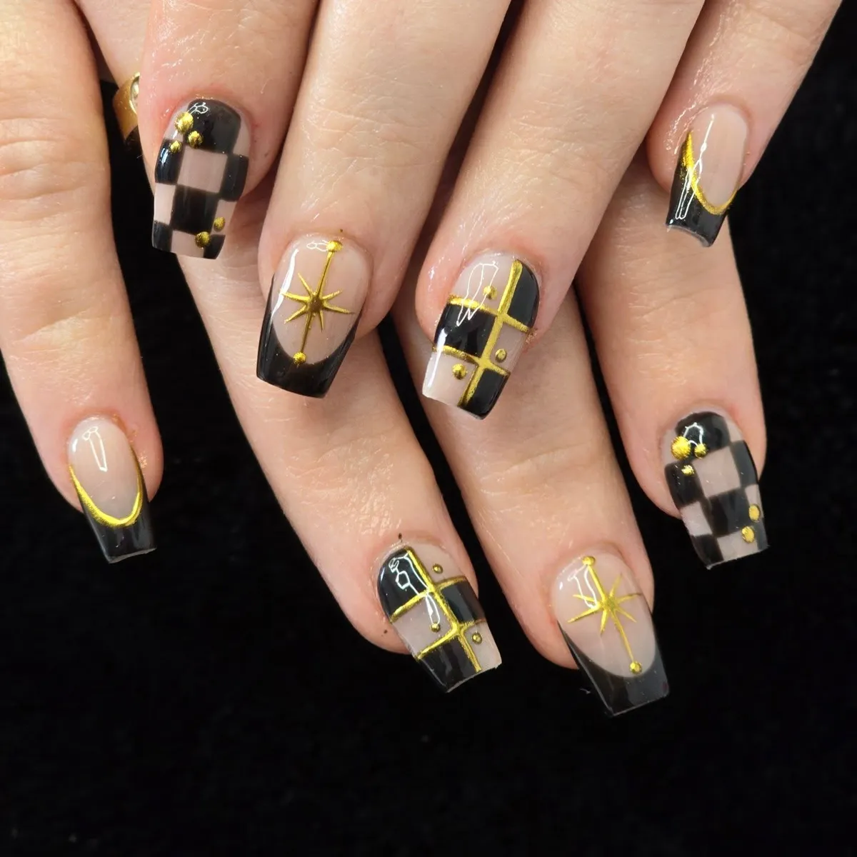 Checkerboard and Gold Linework on a Nude-and-Black Base