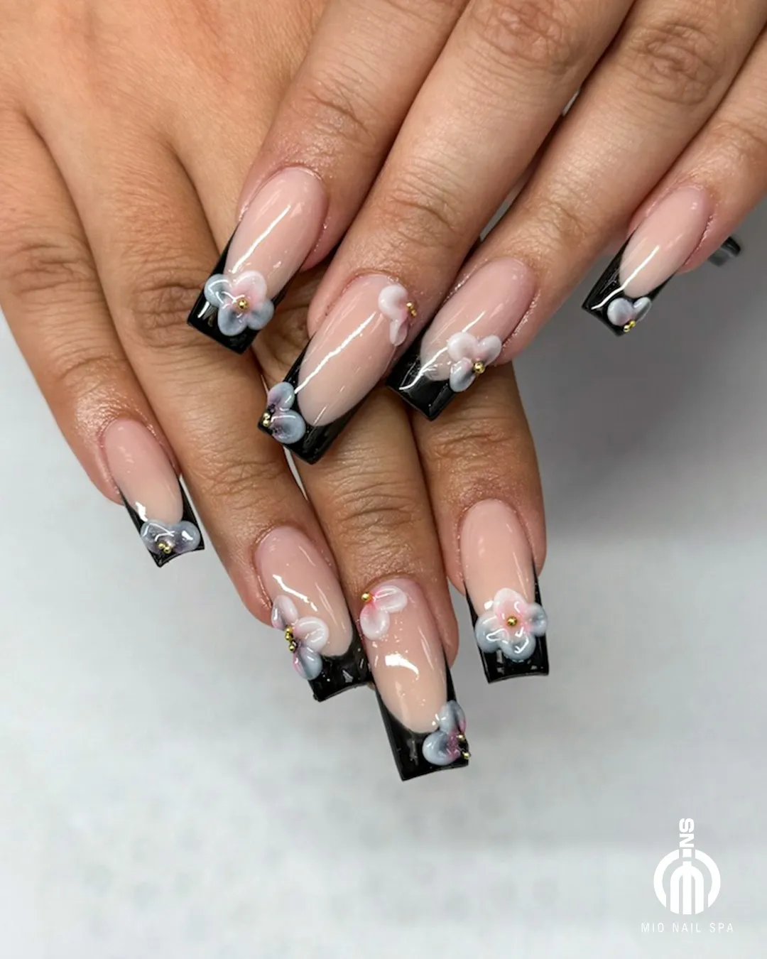 Black French Tips with 3D Floral Accents