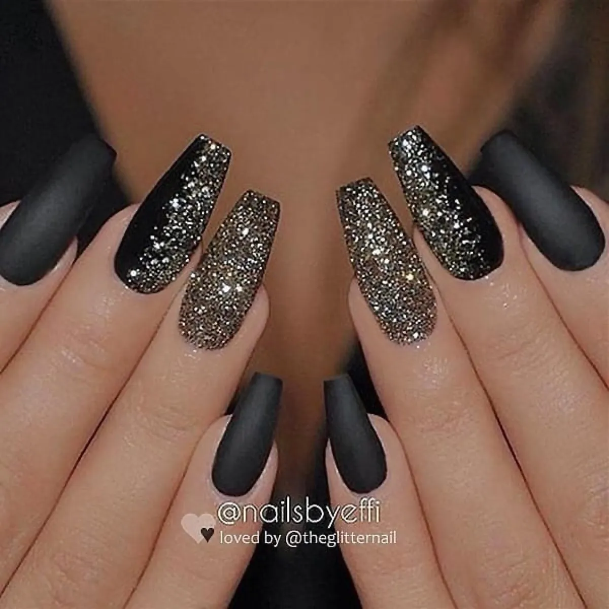 Matte Black Nails with Silver Glitter Accent Nails