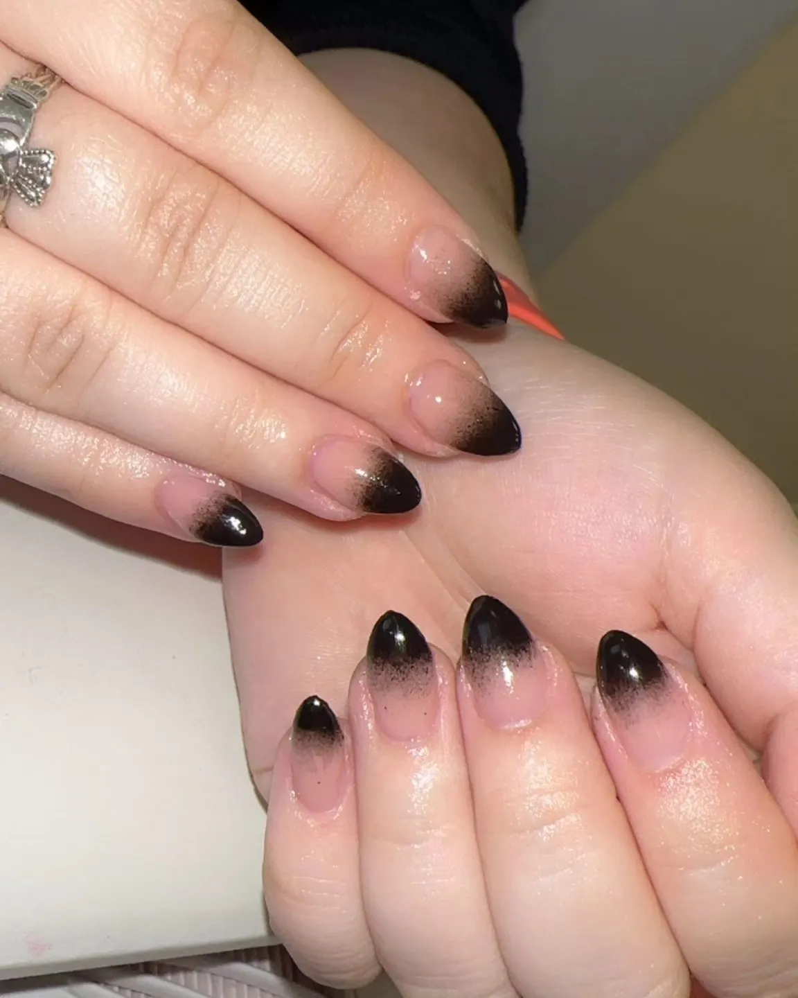 Nude-to-black ombre with thin white abstract lines