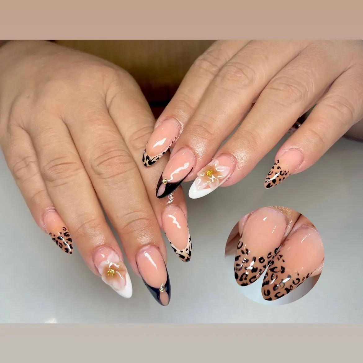 Mixed black tips and leopard-print tips with floral accents