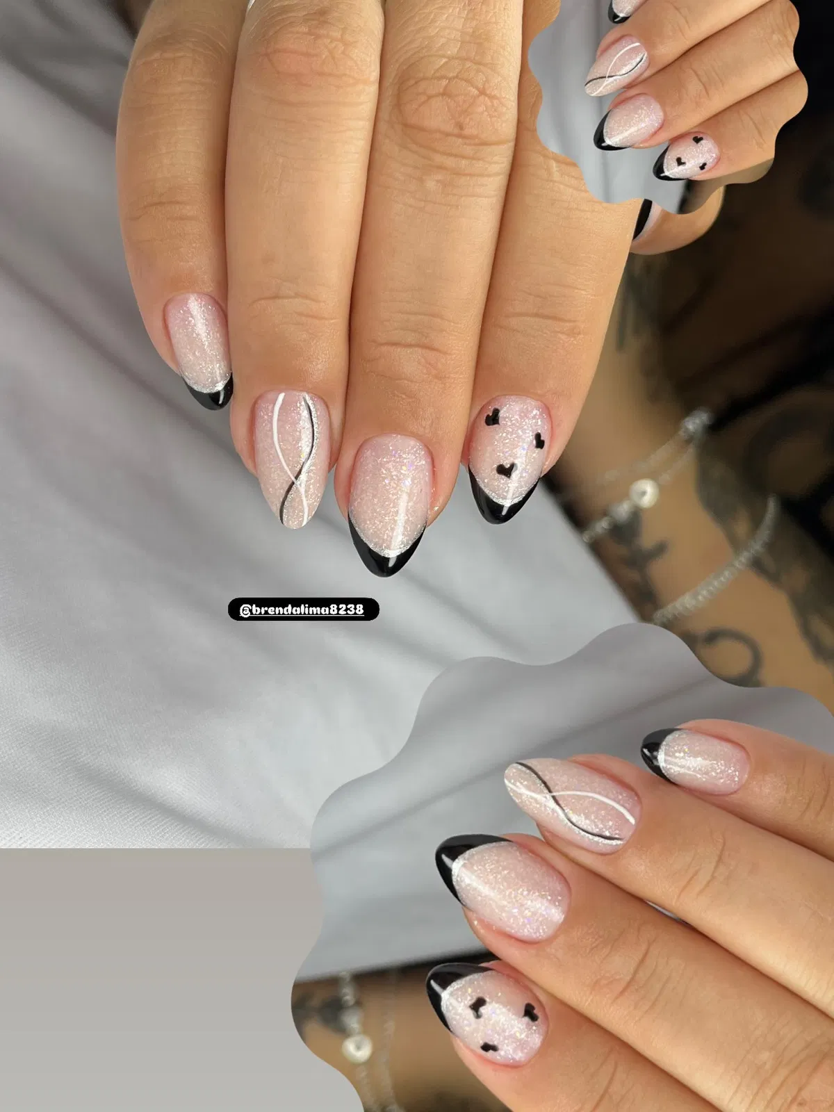 Glittery almond black tips with hearts and wavy line accents