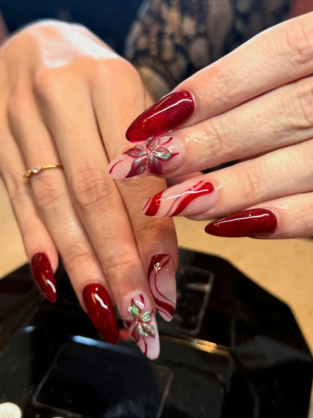 Deep red almonds with red swirls and raised floral accents
