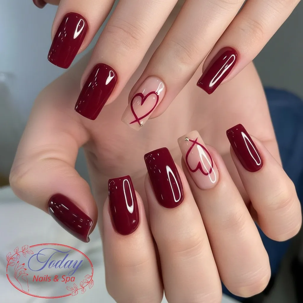 Deep burgundy solids with heart-outline accents