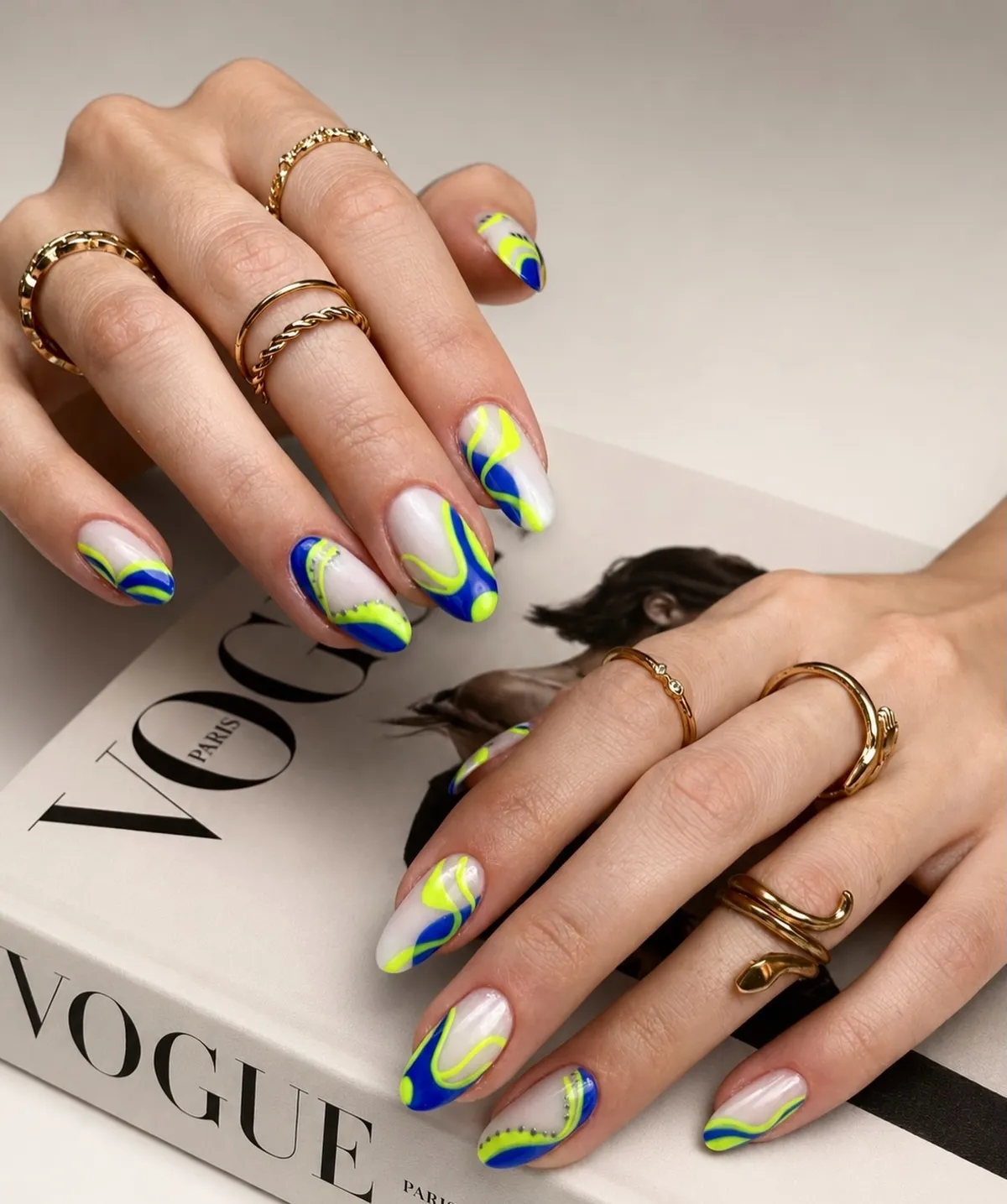 White Base with Blue/Neon-Yellow Wave Lines