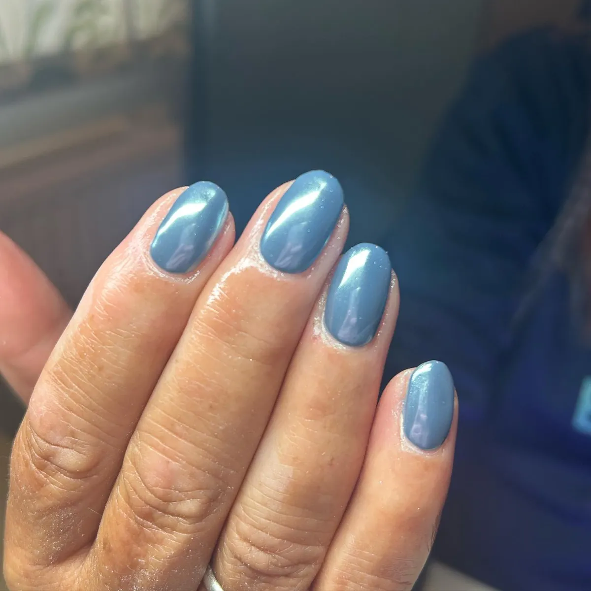 Glossy Steel-Blue Solid Nails