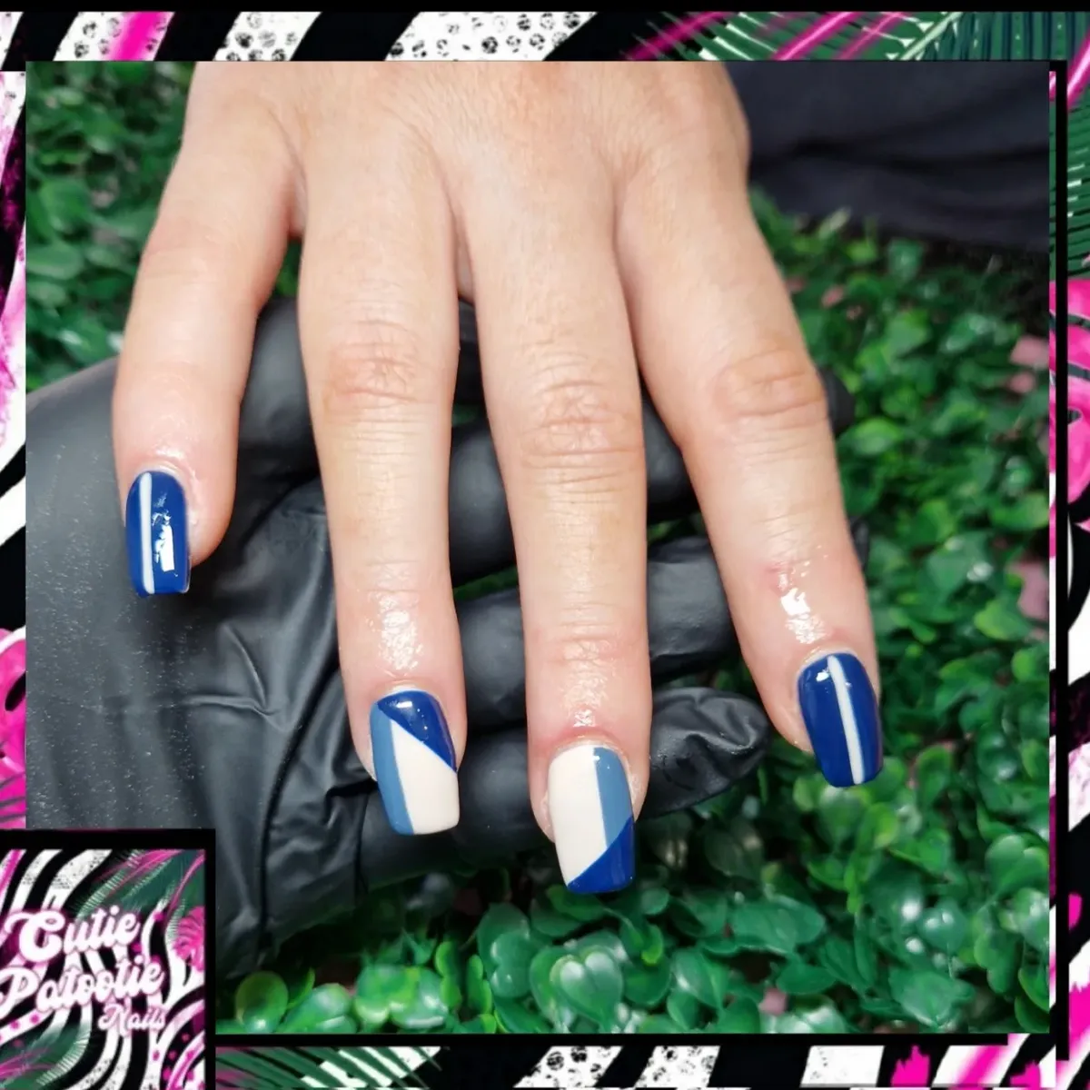 Navy and White Geometric Color-Block Nails