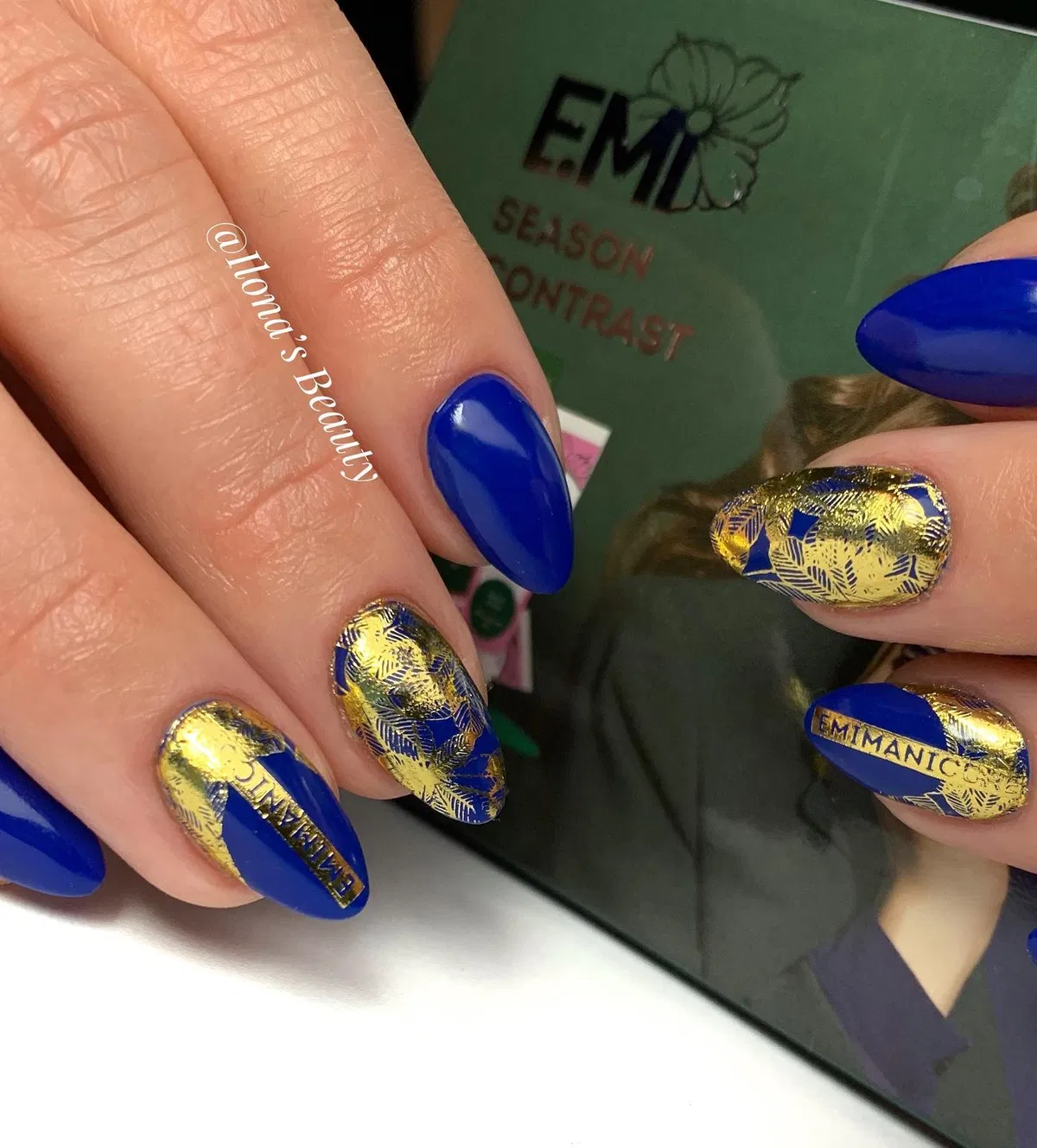 Cobalt Blue and Gold Patterned Statement Nails