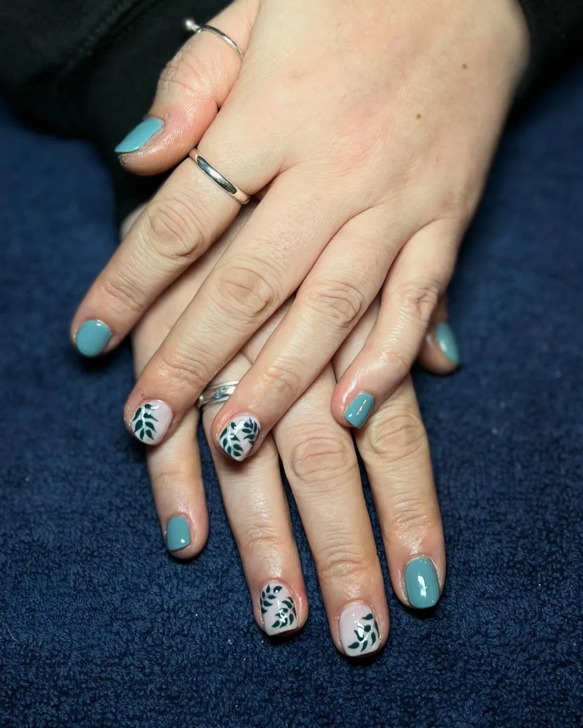 Muted Teal Nails with Leaf Accents