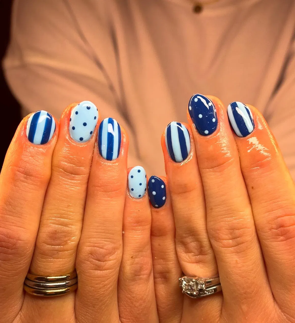 Blue Stripes and Polka Dots in Navy and Light Blue