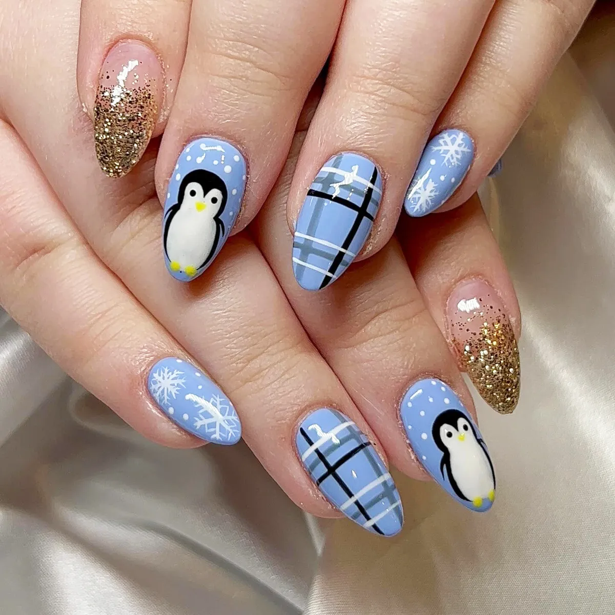 Light Blue Plaid with Penguin, Snowflakes, and Gold Glitter Accents