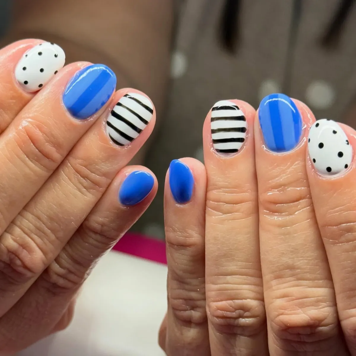 Blue Solids with Black-and-White Stripes and Polka Dots