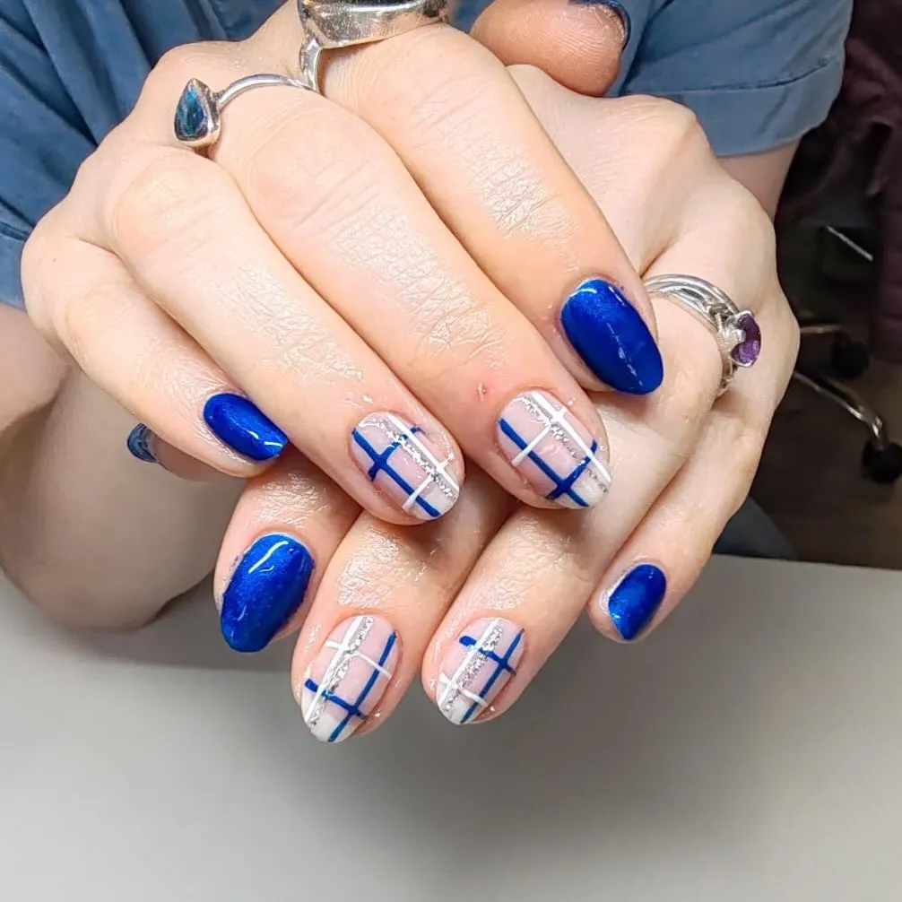 Royal Blue Solids with Nude Plaid and Silver Stripe Accents