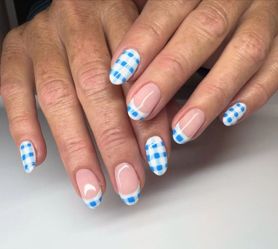 Blue Gingham Checks with Checkered French Tips