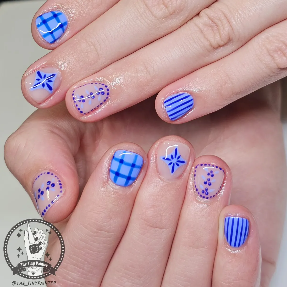 Short Blue Mix: Plaid Checks, Stripes, and Dotted Floral Details