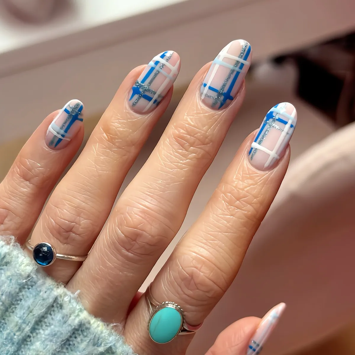 Nude Plaid with White, Blue, and Silver Glitter Lines