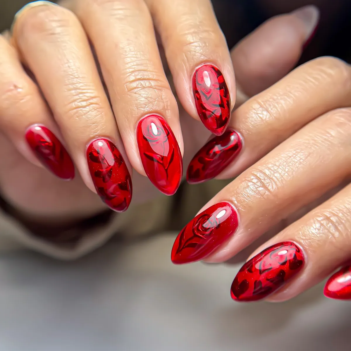 Glossy deep red nails with embedded-style floral silhouettes