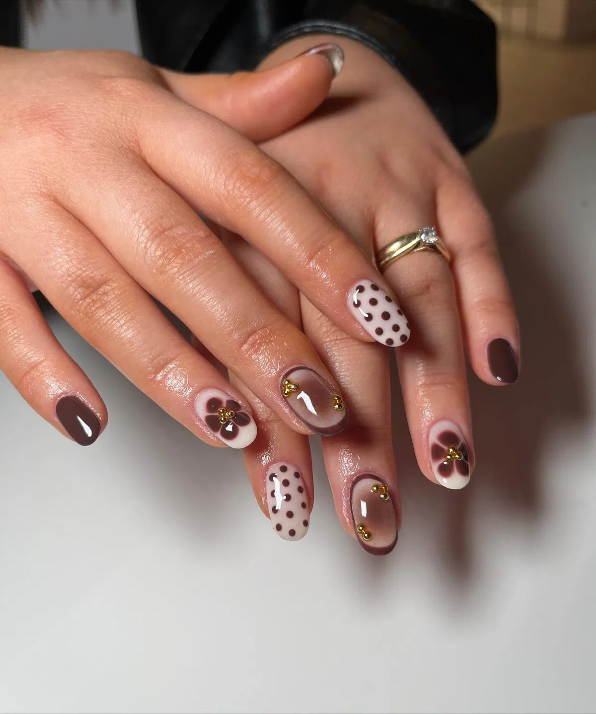 Polka dots and floral accents with gold bead details