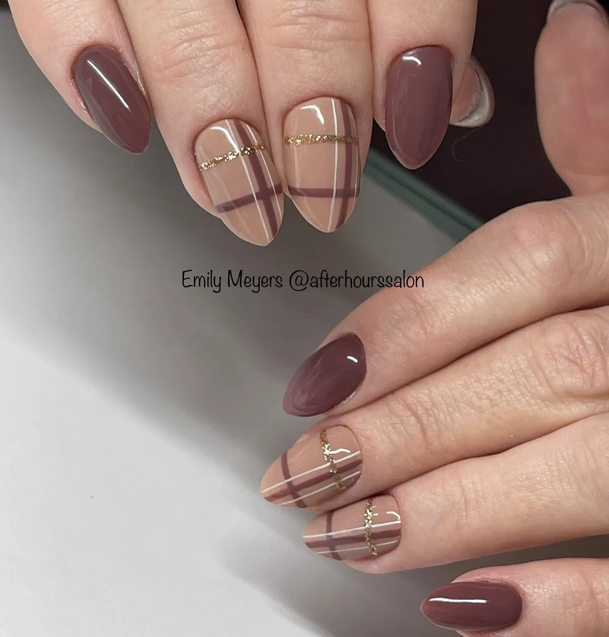Mauve-brown solids with beige plaid and a gold glitter stripe