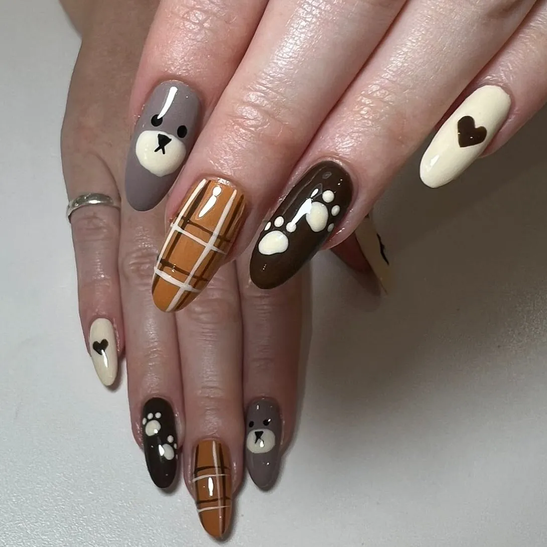 Mustard plaid with bear, paw prints, and heart accents
