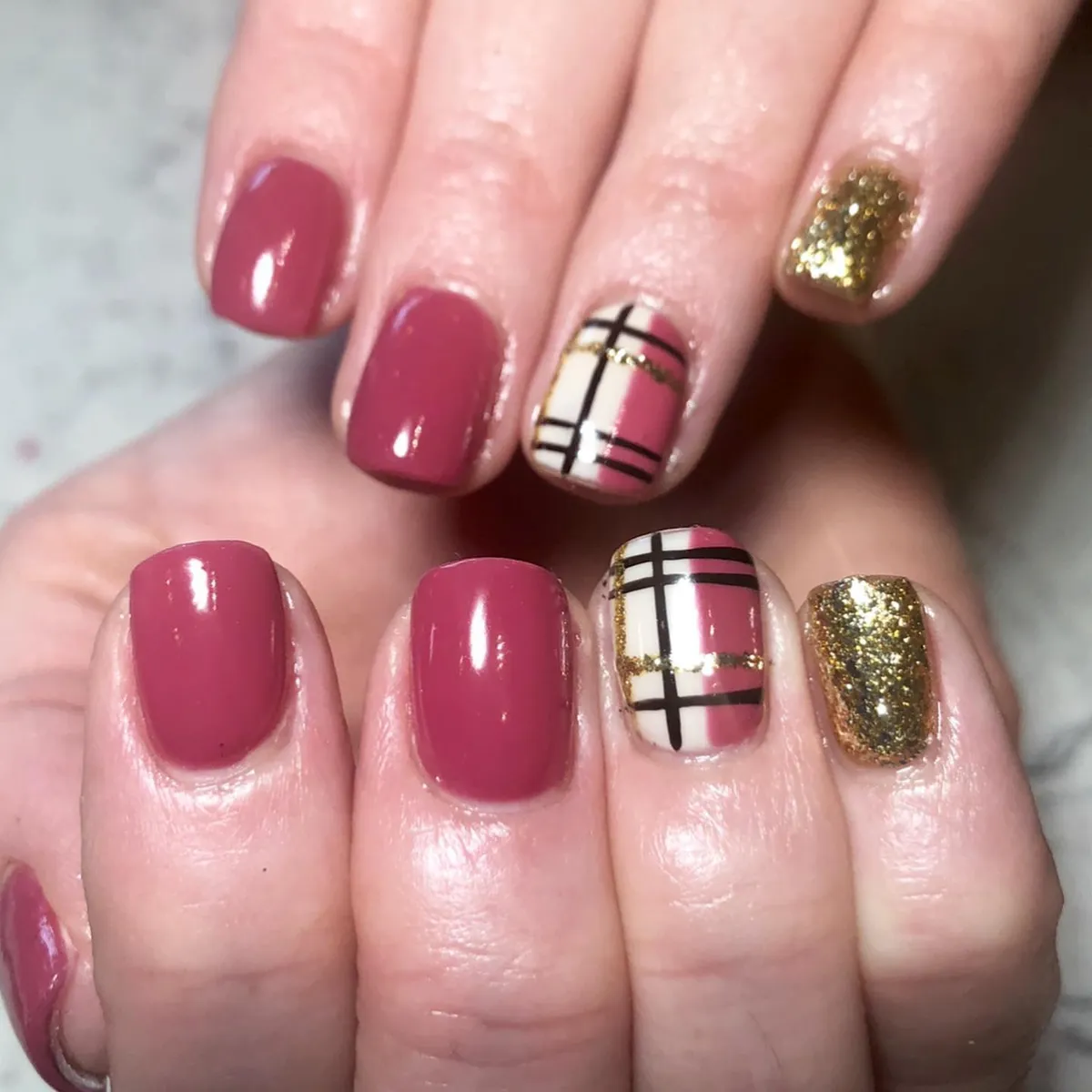 Dusty rose solids with cream-and-black plaid and gold glitter accents