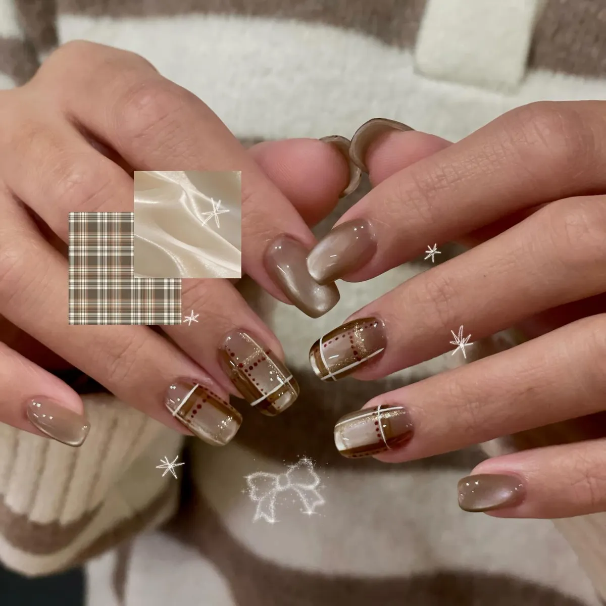 Translucent beige-brown plaid with dotted lines and pearly sheen (with graphic overlays)