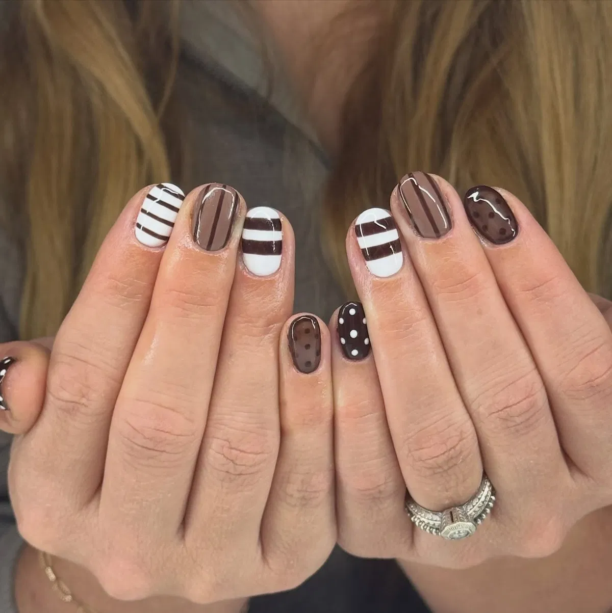 Brown-and-white stripe mix with polka-dot accents