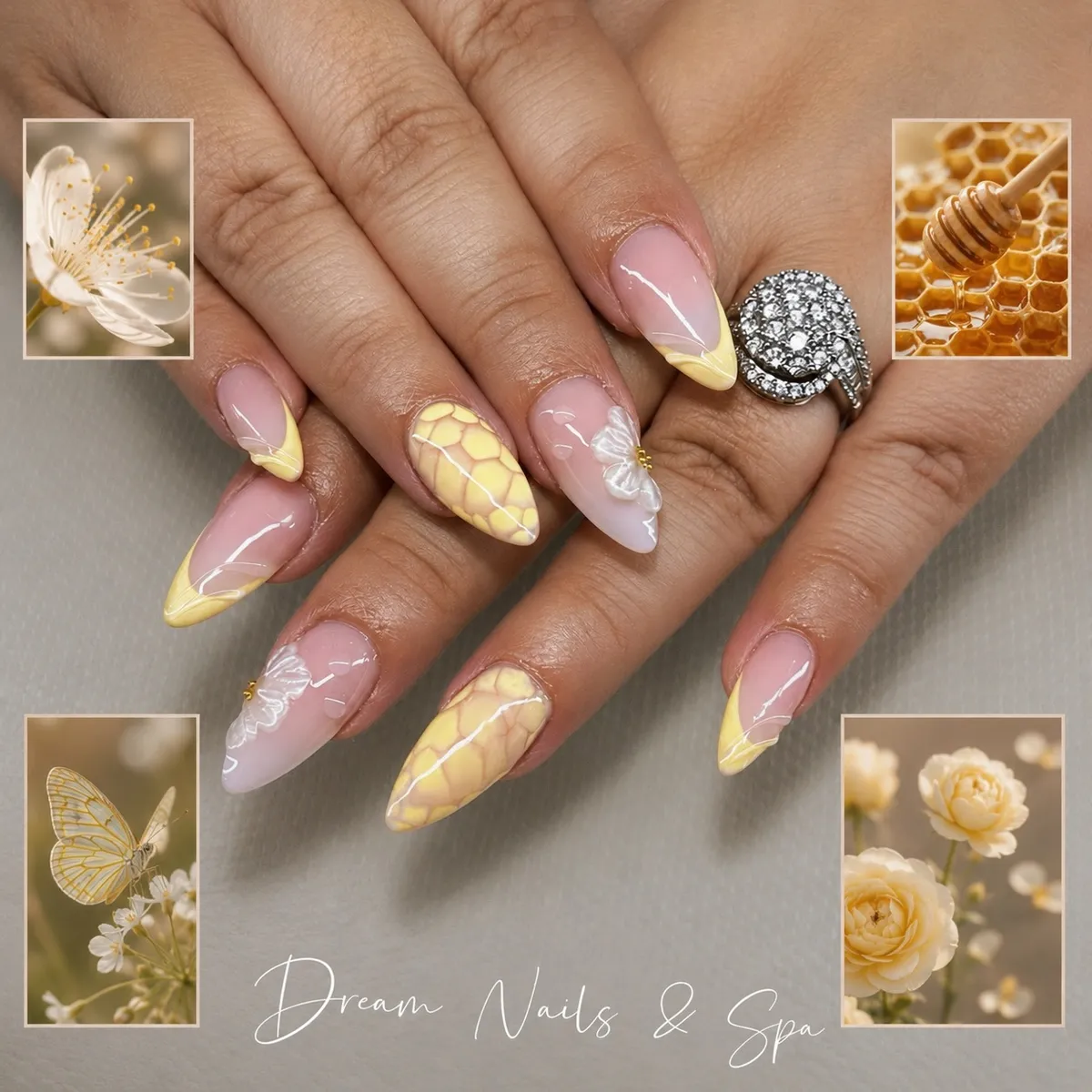 Pale yellow French tips with honeycomb accent